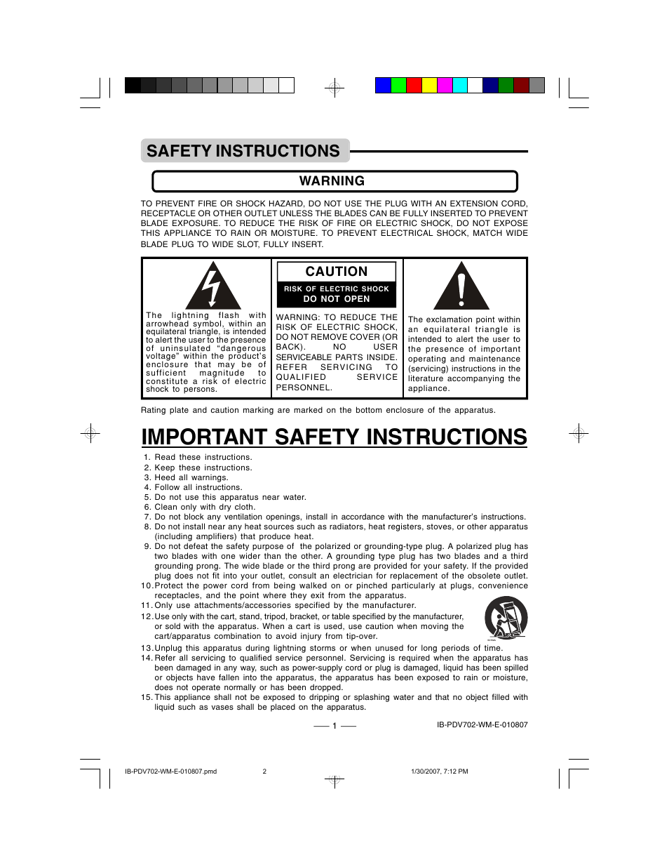 Important safety instructions, Safety instructions, Warning | Caution | Lenoxx Electronics PDV-702 User Manual | Page 2 / 28