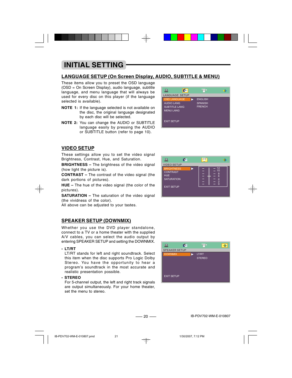 Initial setting, Speaker setup (downmix), Video setup | Lenoxx Electronics PDV-702 User Manual | Page 21 / 28