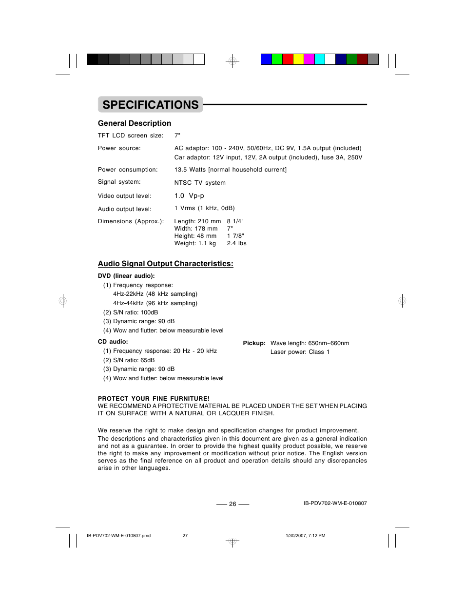 Specifications | Lenoxx Electronics PDV-702 User Manual | Page 27 / 28