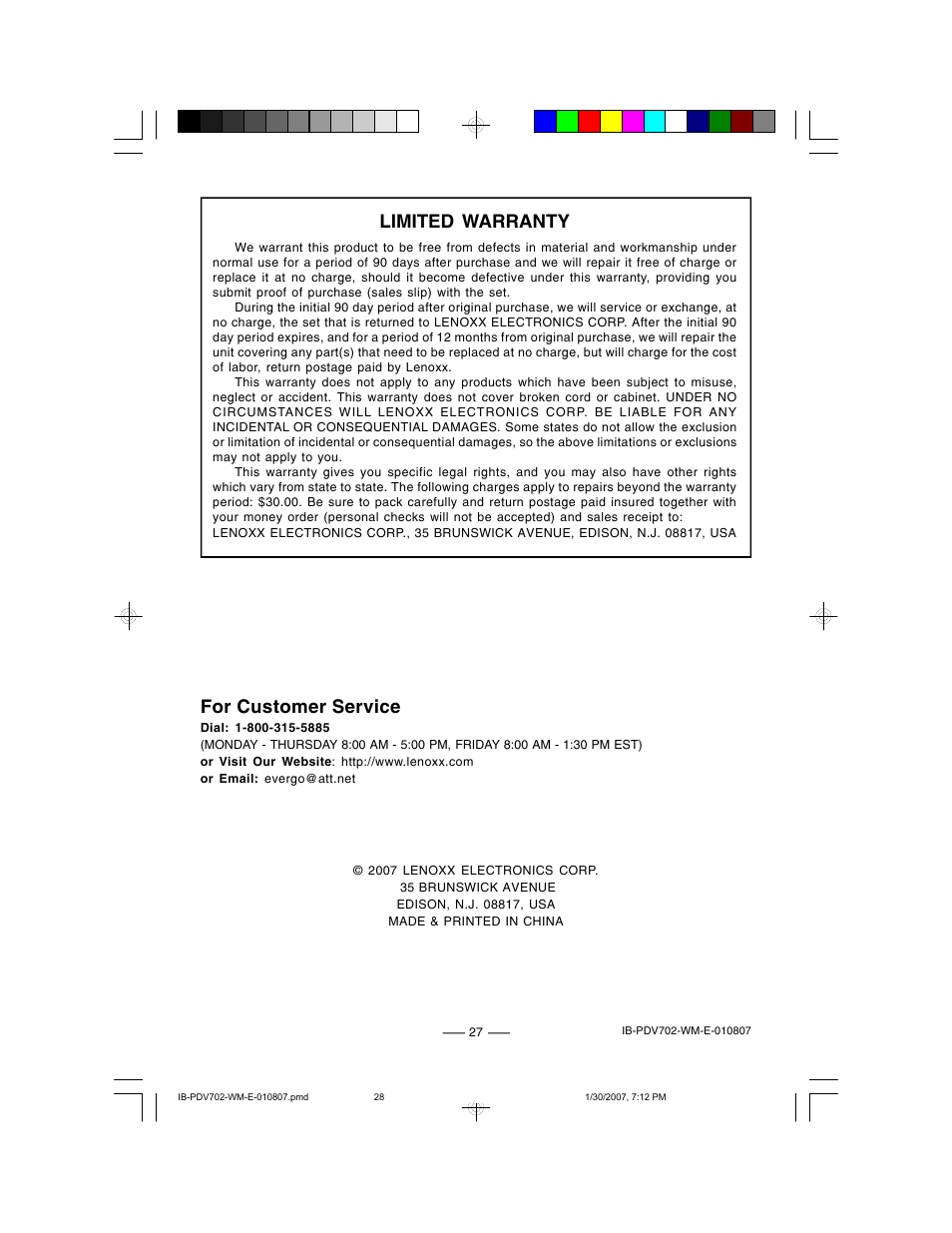 For customer service, Limited warranty | Lenoxx Electronics PDV-702 User Manual | Page 28 / 28