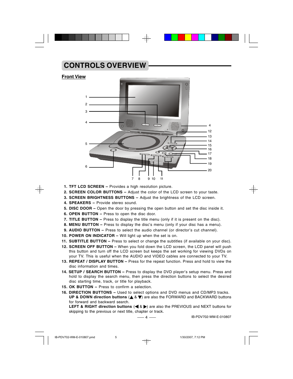 Controls overview, Front view | Lenoxx Electronics PDV-702 User Manual | Page 5 / 28