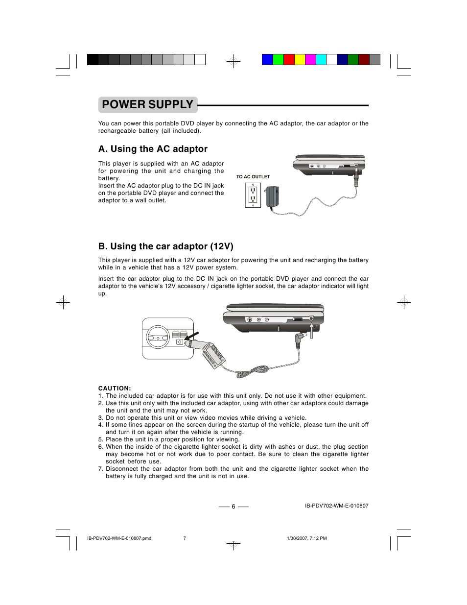 Power supply, A. using the ac adaptor, B. using the car adaptor (12v) | Lenoxx Electronics PDV-702 User Manual | Page 7 / 28