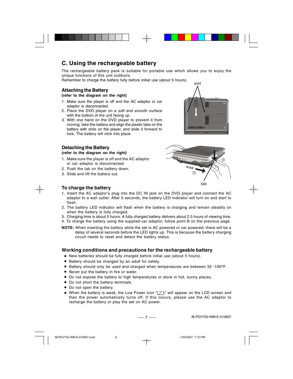 C. using the rechargeable battery | Lenoxx Electronics PDV-702 User Manual | Page 8 / 28