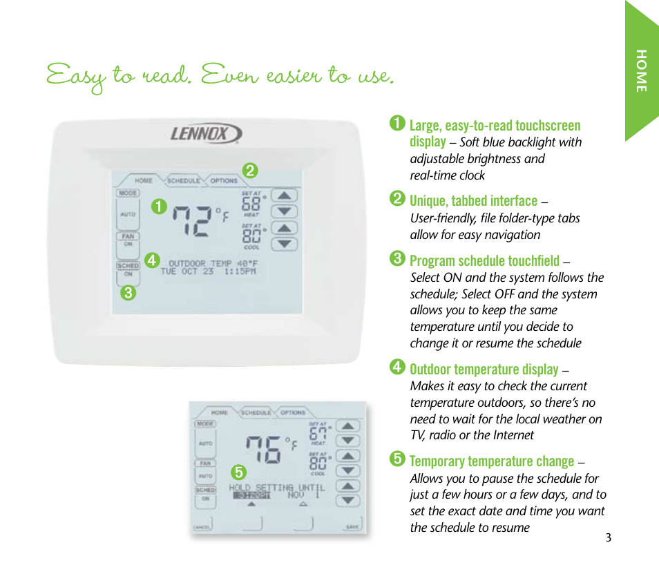 Easy to read. even easier to use | Lenoxx Electronics ComfortSense Touchscreen Thermostat User Manual | Page 3 / 8