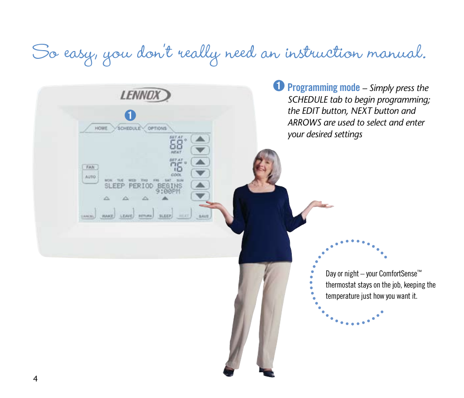 Lenoxx Electronics ComfortSense Touchscreen Thermostat User Manual | Page 4 / 8