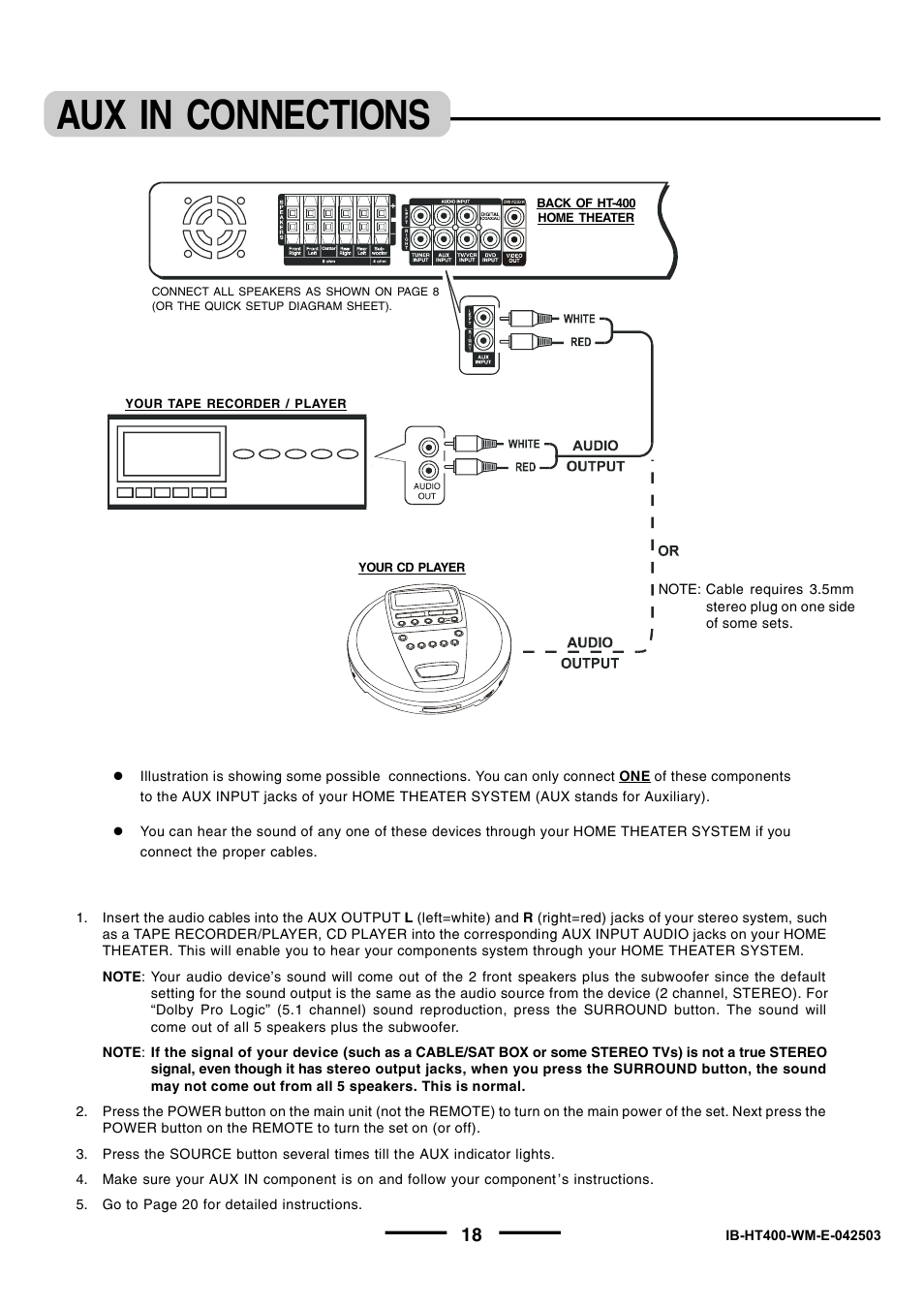 Aux in connections | Lenoxx Electronics pmnHT-4OO User Manual | Page 19 / 27