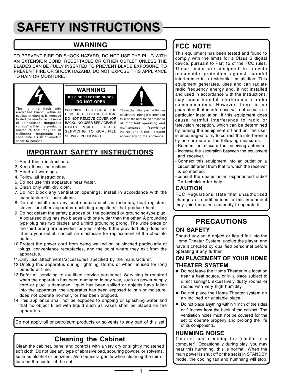 Safety instructions, Warning important safety instructions, Precautions | Cleaning the cabinet, Caution, Warning, On safety, On placement of your home theater system, Humming noise | Lenoxx Electronics pmnHT-4OO User Manual | Page 2 / 27