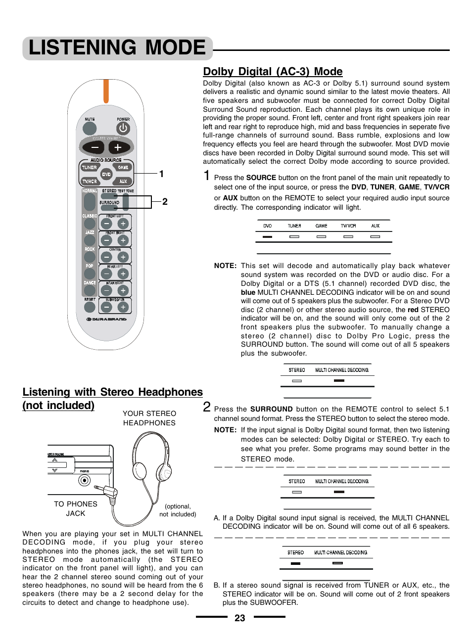 Listening mode, Dolby digital (ac-3) mode, Listening with stereo headphones (not included) | Lenoxx Electronics pmnHT-4OO User Manual | Page 24 / 27