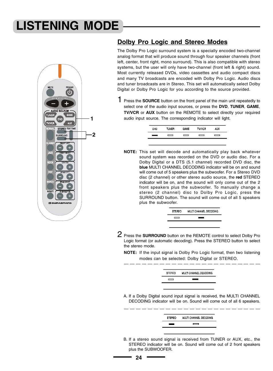 Listening mode, Dolby pro logic and stereo modes | Lenoxx Electronics pmnHT-4OO User Manual | Page 25 / 27