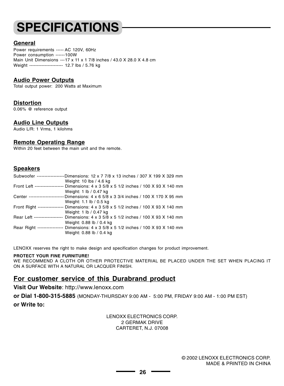 Specifications, For customer service of this durabrand product | Lenoxx Electronics pmnHT-4OO User Manual | Page 27 / 27