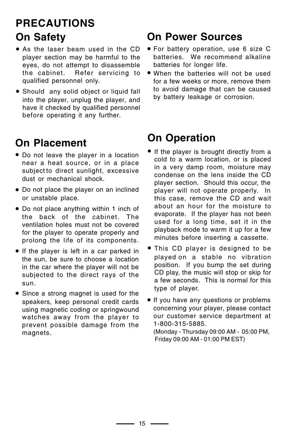 Precautions on safety, On power sources, On operation | On placement | Lenoxx Electronics CD-102 User Manual | Page 16 / 20