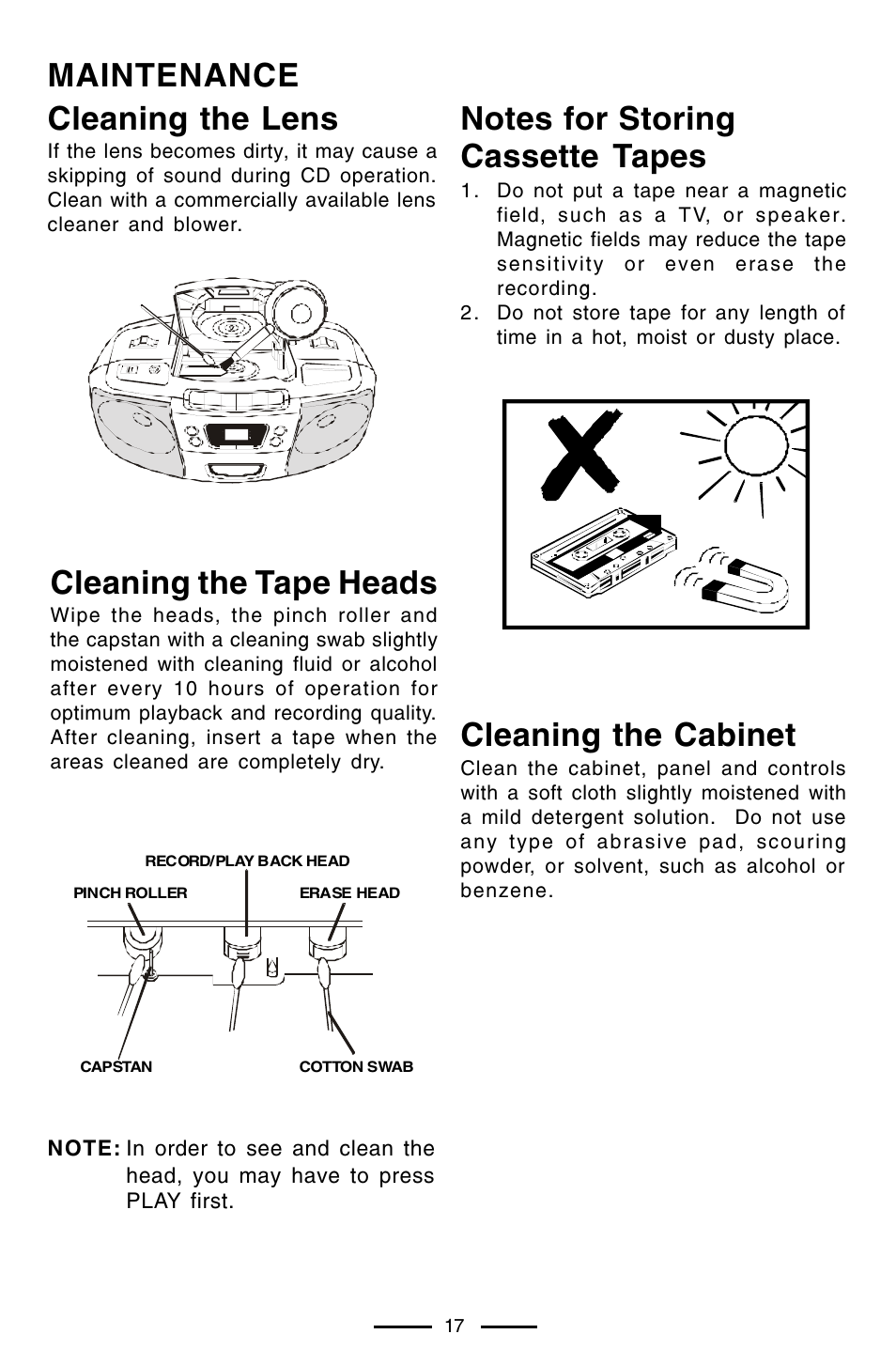 Maintenance cleaning the lens, Cleaning the tape heads, Cleaning the cabinet | Lenoxx Electronics CD-102 User Manual | Page 18 / 20