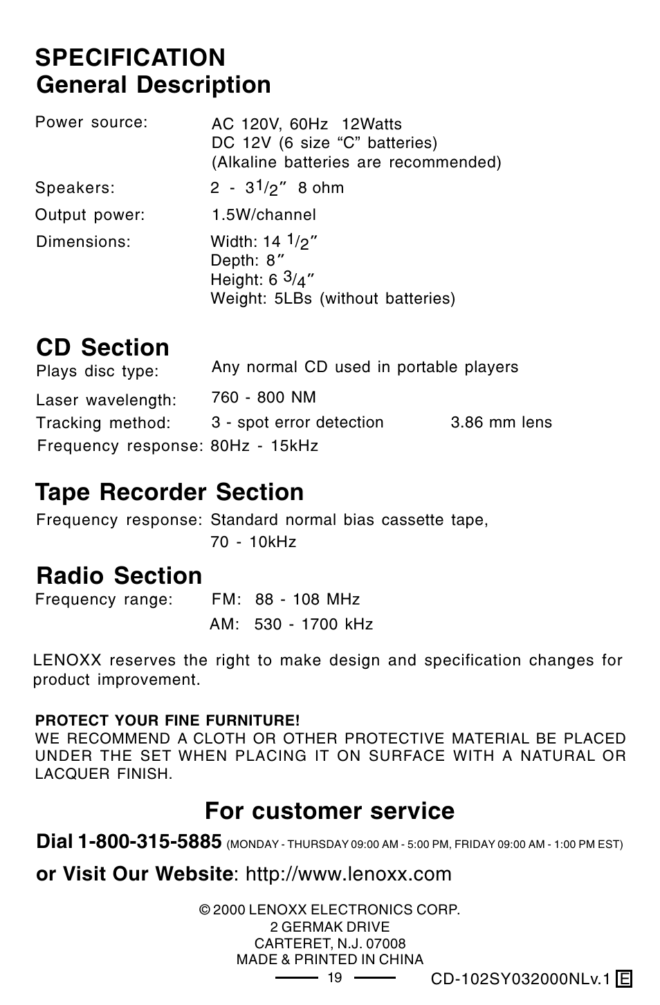 Specification general description, For customer service | Lenoxx Electronics CD-102 User Manual | Page 20 / 20