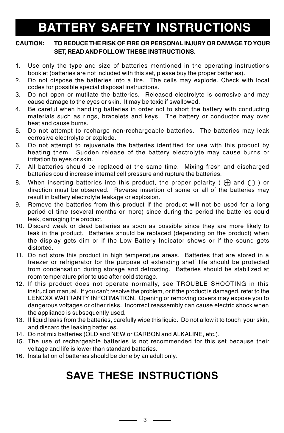 Battery safety instructions, Save these instructions | Lenoxx Electronics CD-102 User Manual | Page 4 / 20
