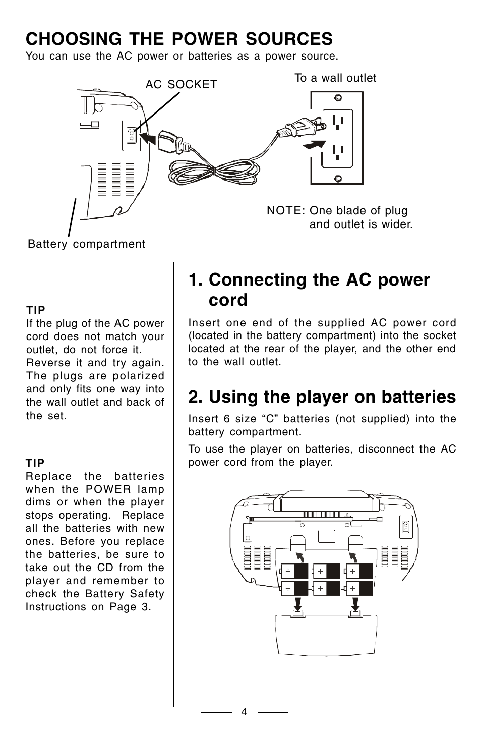 Choosing the power sources, Connecting the ac power cord, Using the player on batteries | Lenoxx Electronics CD-102 User Manual | Page 5 / 20