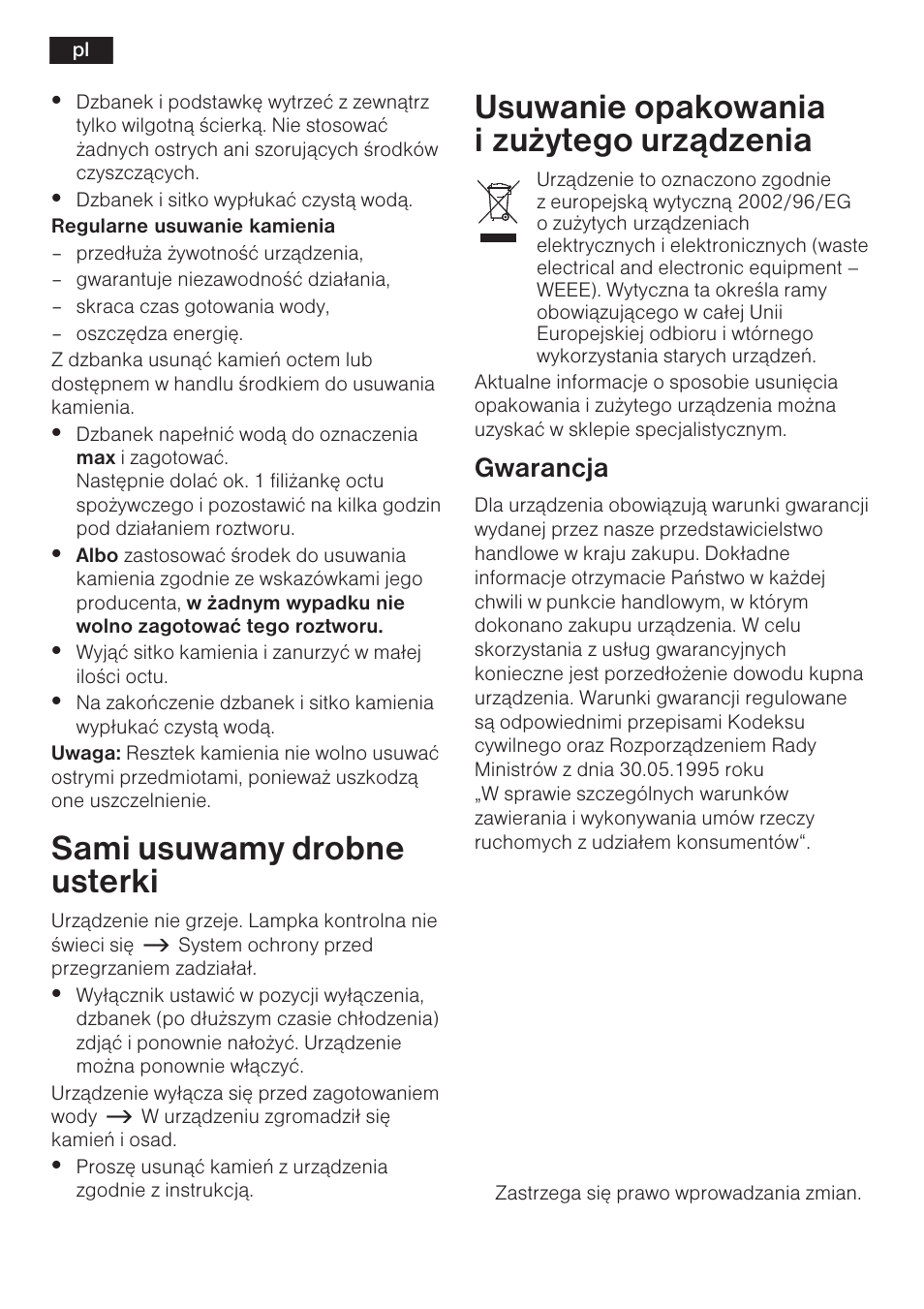 Sami usuwamy drobne usterki, Usuwanie opakowania i zu¿ytego urz¹dzenia, 28 s | Gwarancja | Bosch TWK 6006 User Manual | Page 29 / 46