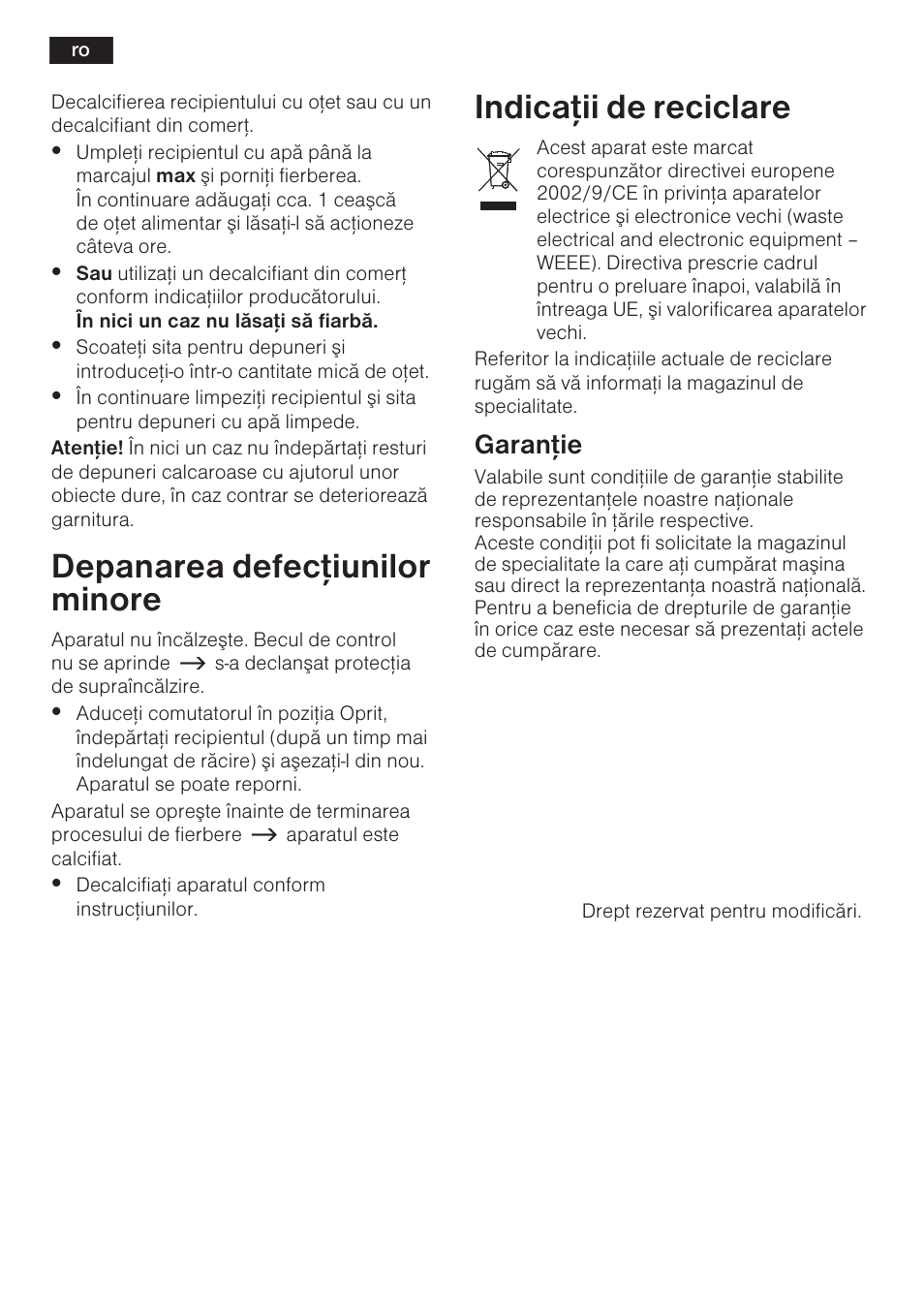 Depanarea defecþiunilor minore, Indicaþii de reciclare, Garanþie | Bosch TWK 6006 User Manual | Page 33 / 46