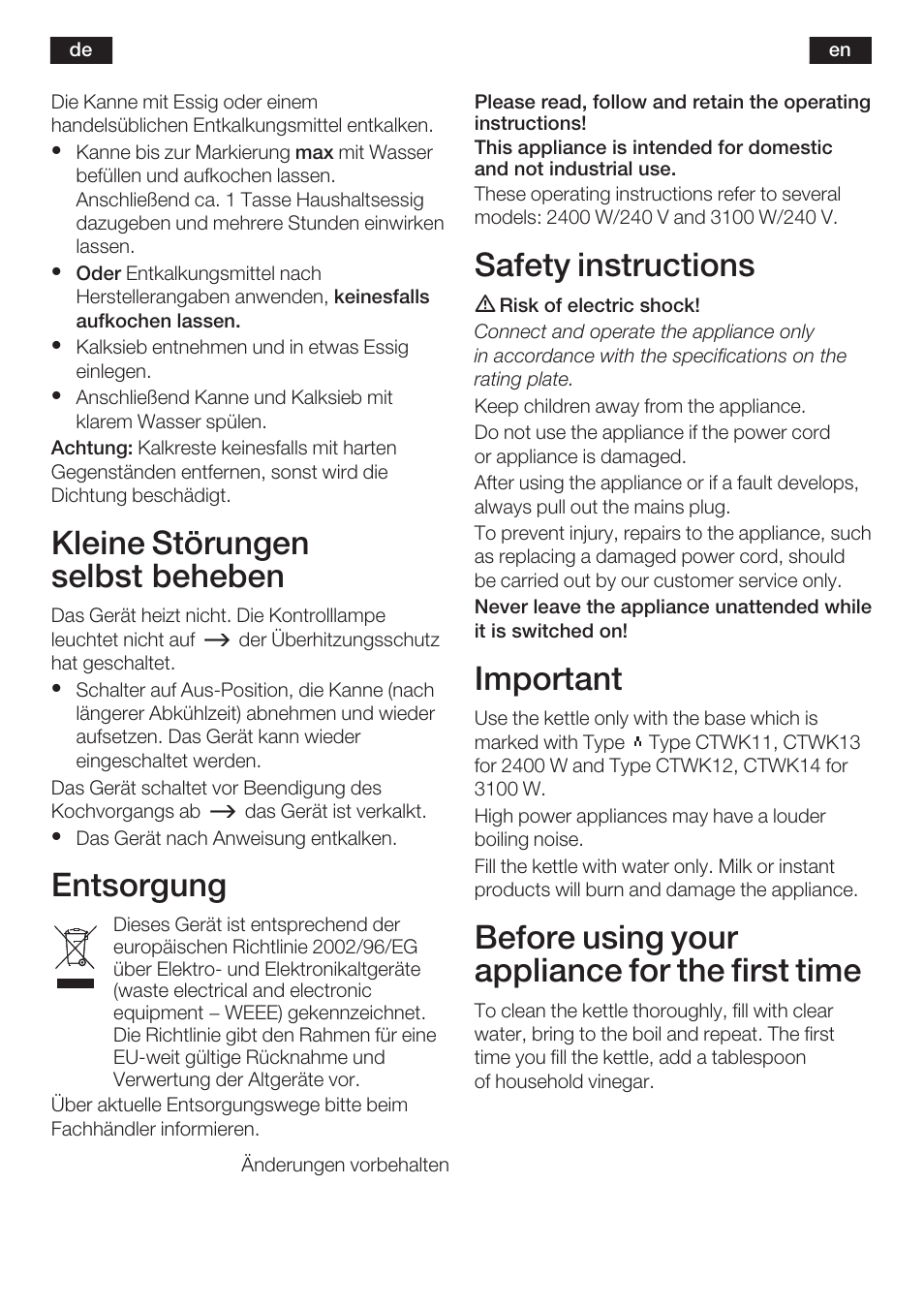 Kleine störungen selbst beheben, Entsorgung, Safety instructions | Important, Before using your appliance for the first time | Bosch TWK 6006 User Manual | Page 4 / 46