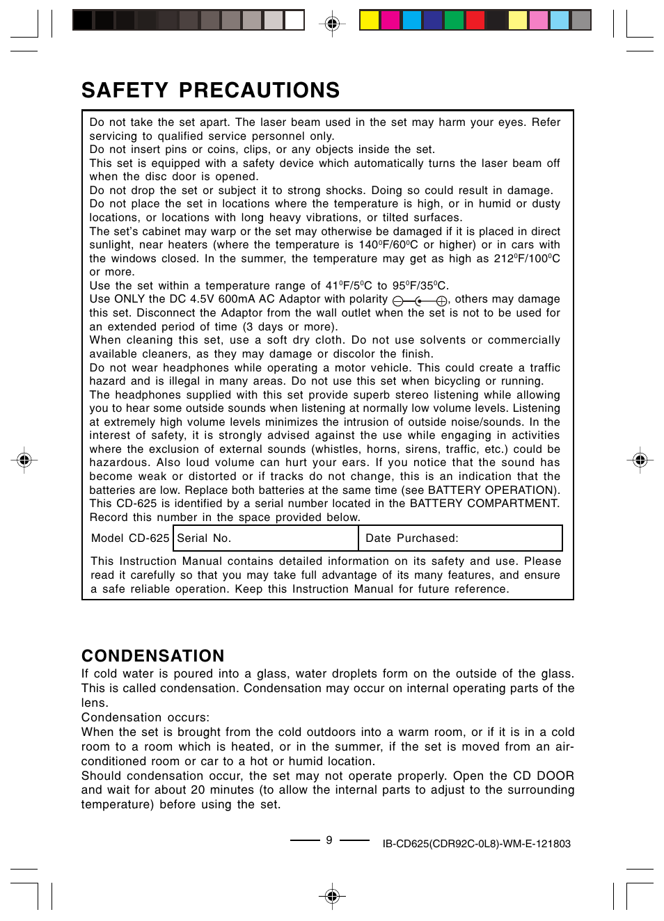 Safety precautions, Condensation | Lenoxx Electronics CD625 User Manual | Page 10 / 14