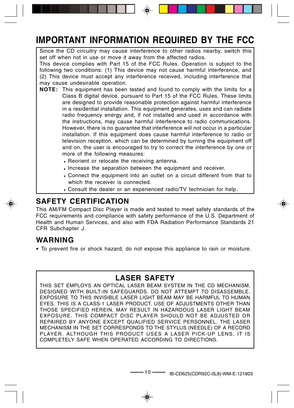 Important information required by the fcc, Safety certification, Warning | Laser safety | Lenoxx Electronics CD625 User Manual | Page 11 / 14