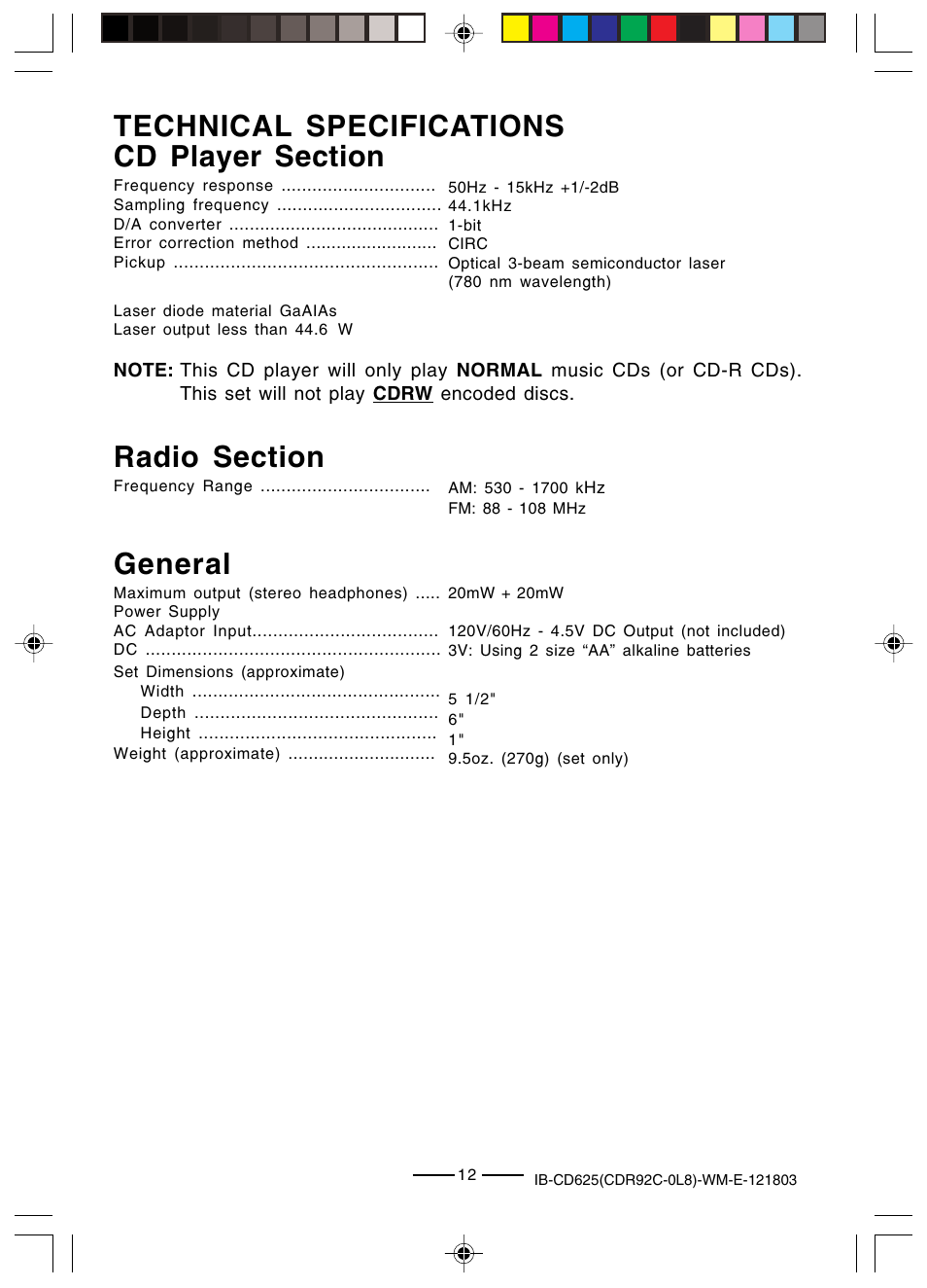 Technical specifications, General | Lenoxx Electronics CD625 User Manual | Page 13 / 14