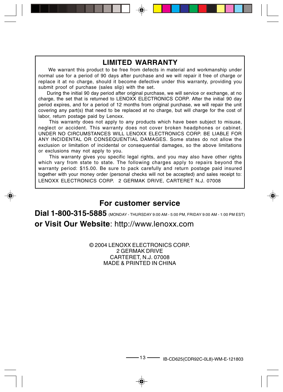 Limited warranty | Lenoxx Electronics CD625 User Manual | Page 14 / 14