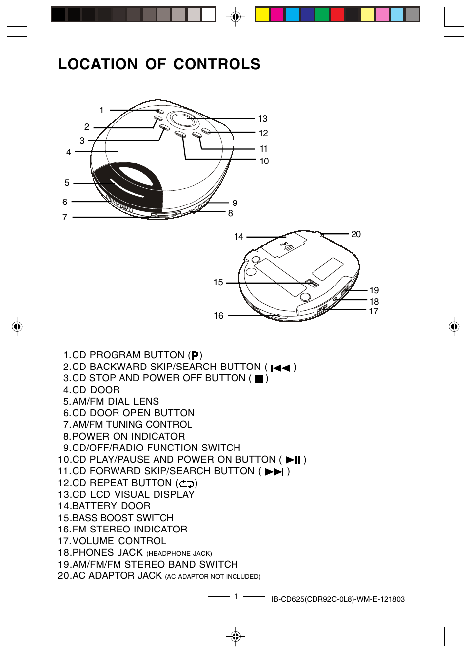 Location of controls | Lenoxx Electronics CD625 User Manual | Page 2 / 14