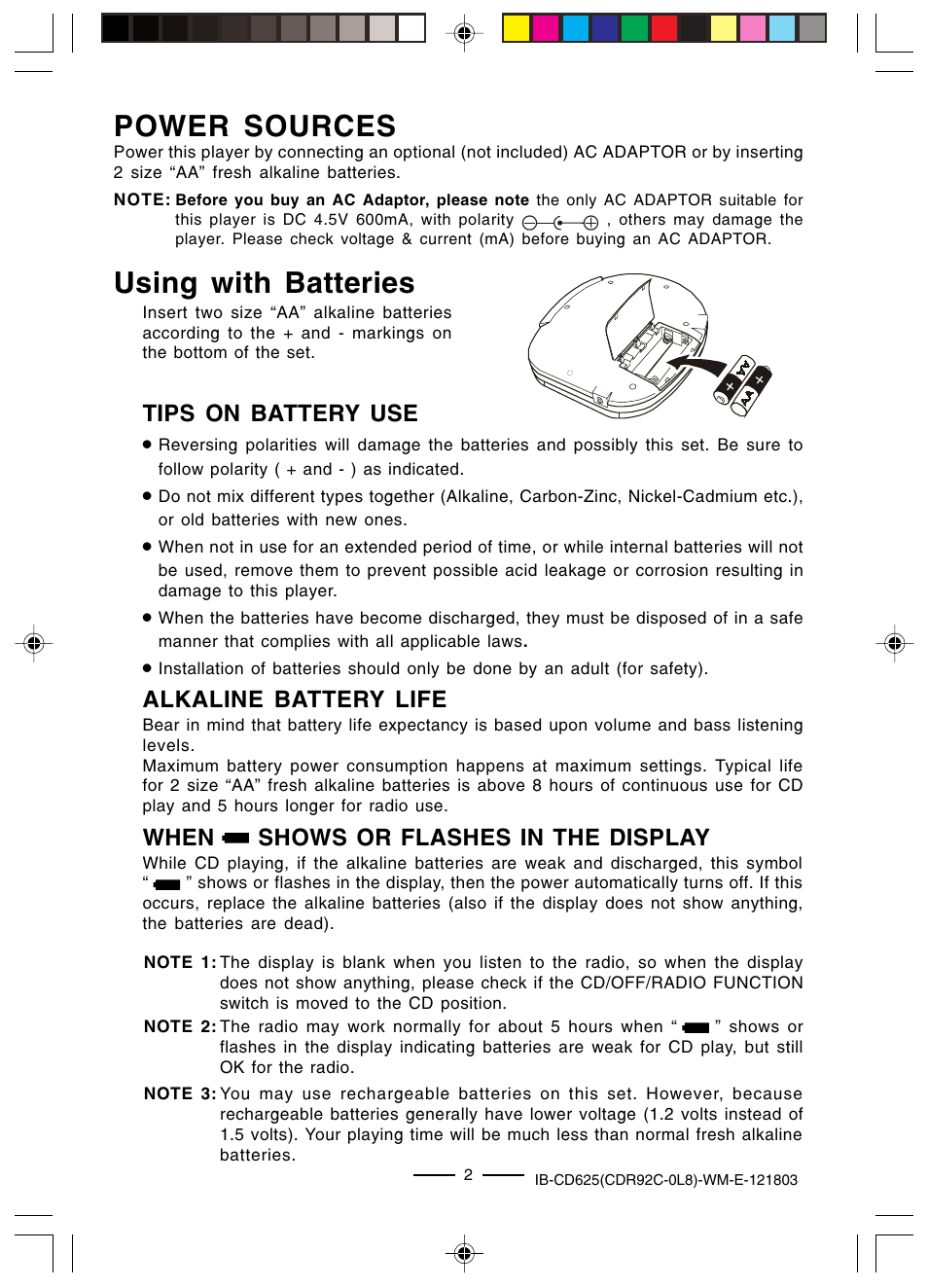 Power sources using with batteries, Tips on battery use, When shows or flashes in the display | Alkaline battery life | Lenoxx Electronics CD625 User Manual | Page 3 / 14