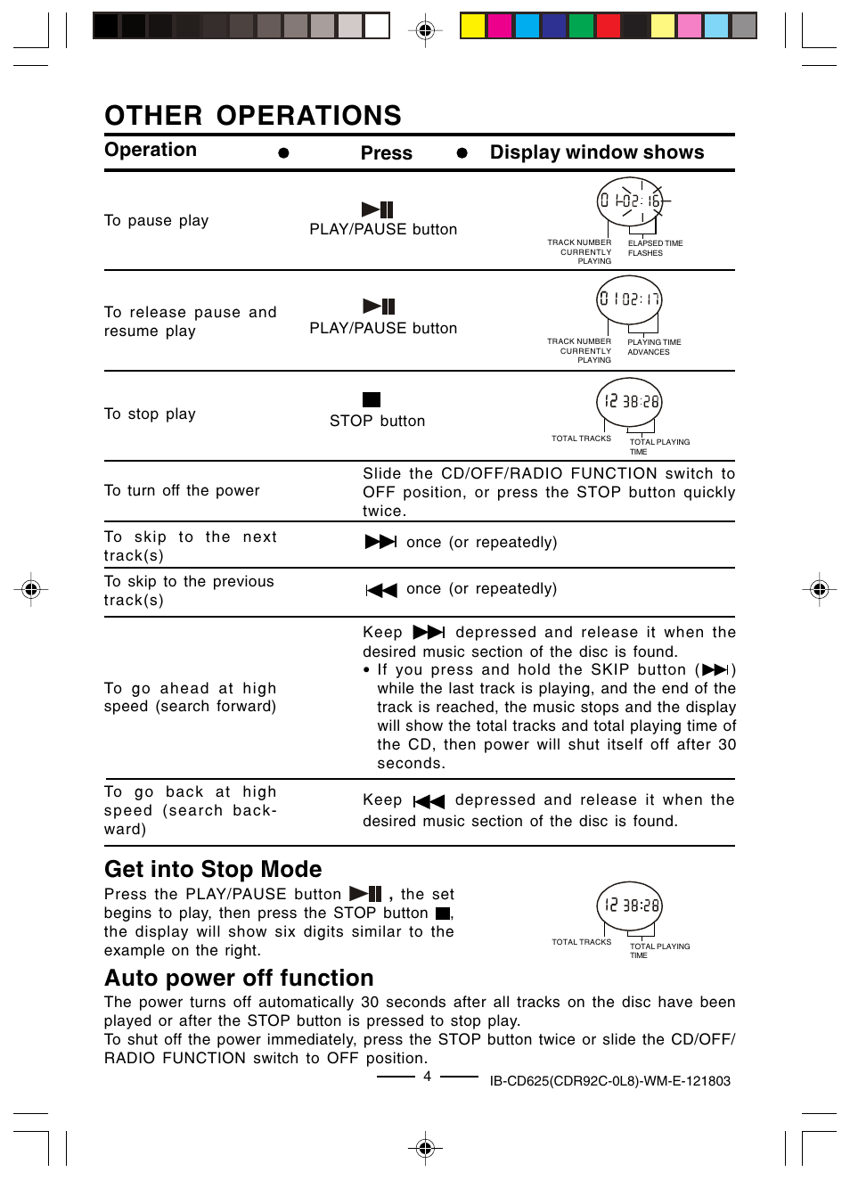 Other operations, Auto power off function, Get into stop mode | Operation press display window shows | Lenoxx Electronics CD625 User Manual | Page 5 / 14