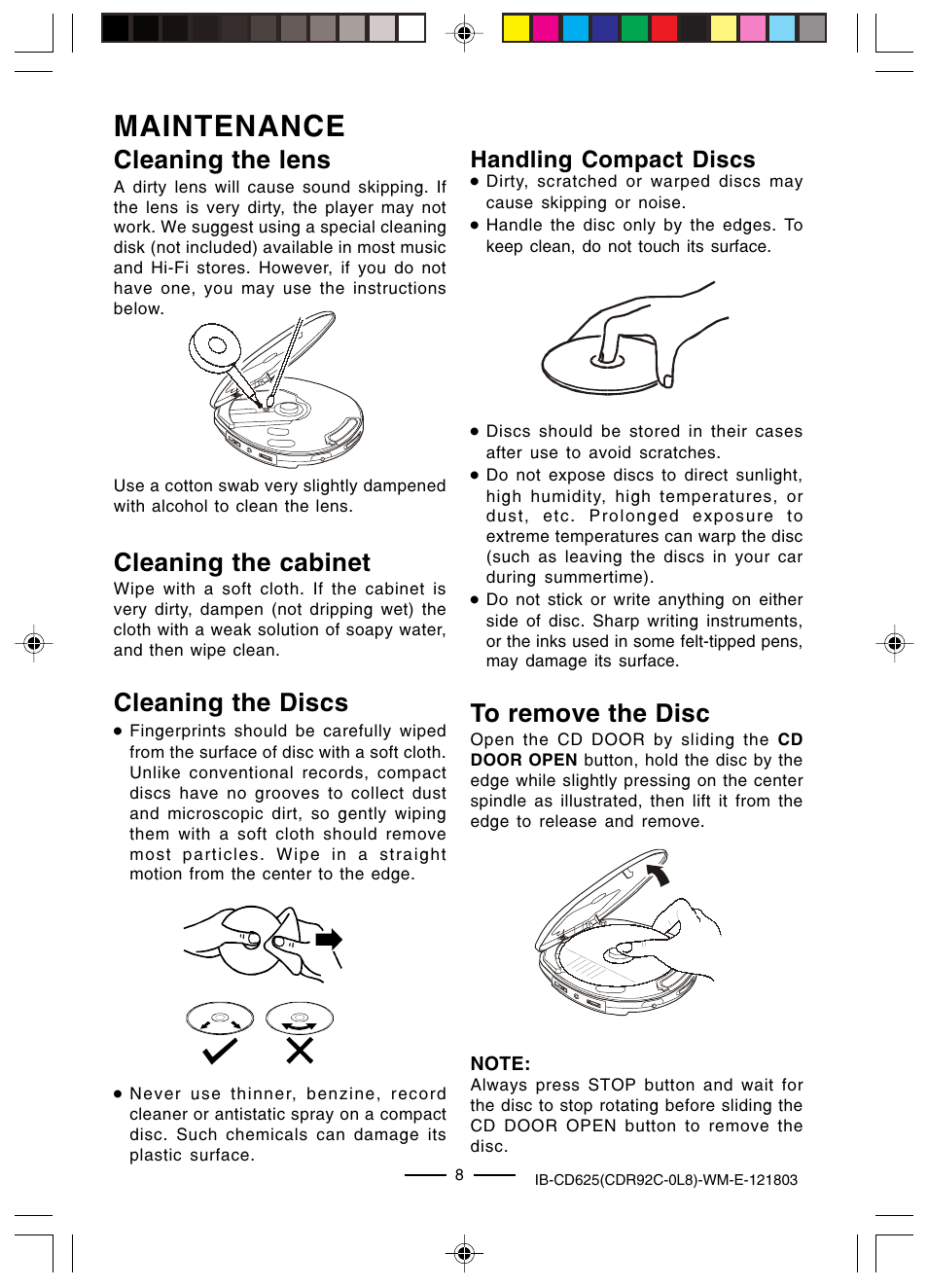 Maintenance, Cleaning the cabinet, Cleaning the lens | Cleaning the discs, Handling compact discs | Lenoxx Electronics CD625 User Manual | Page 9 / 14