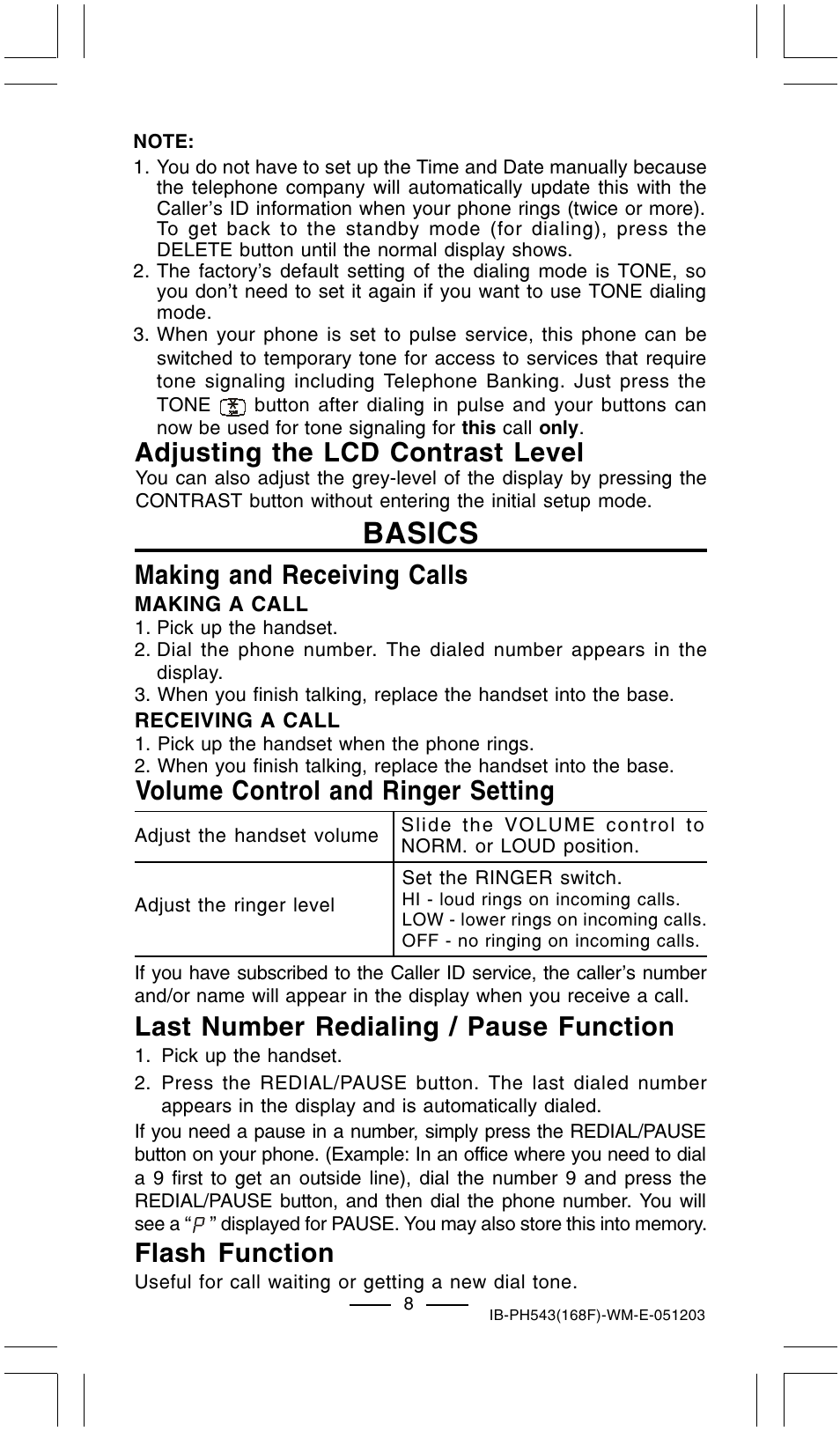 Basics, Adjusting the lcd contrast level, Making and receiving calls | Volume control and ringer setting flash function, Last number redialing / pause function | Lenoxx Electronics PH-543 User Manual | Page 10 / 18