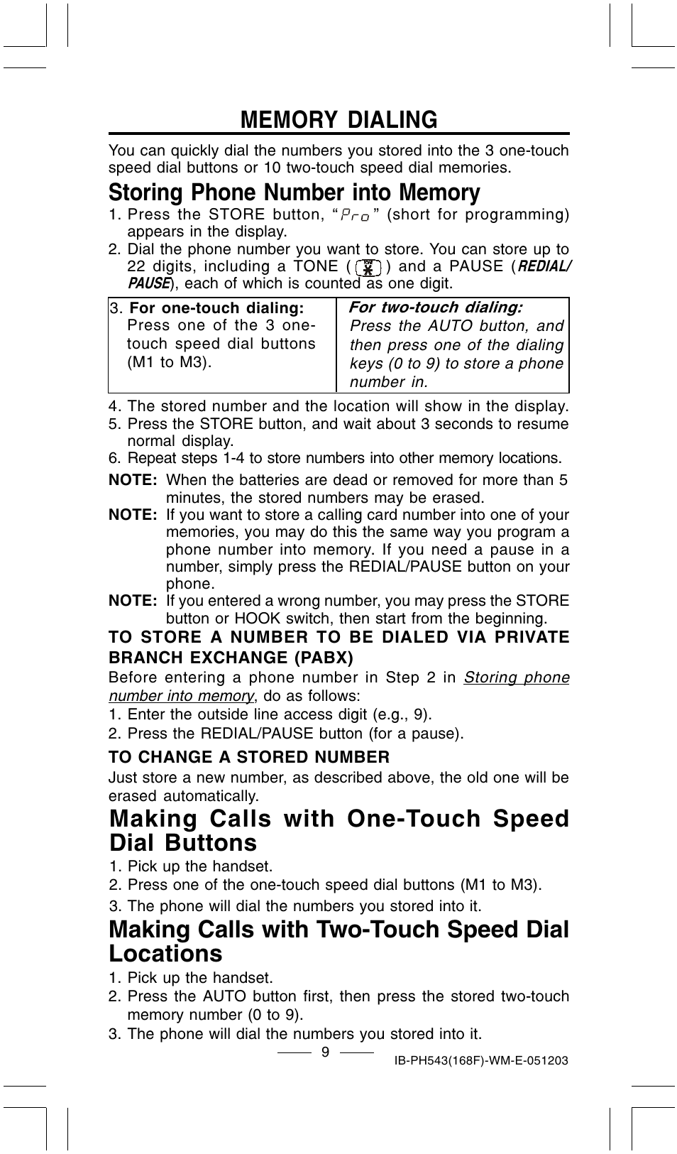 Making calls with one-touch speed dial buttons, Making calls with two-touch speed dial locations | Lenoxx Electronics PH-543 User Manual | Page 11 / 18