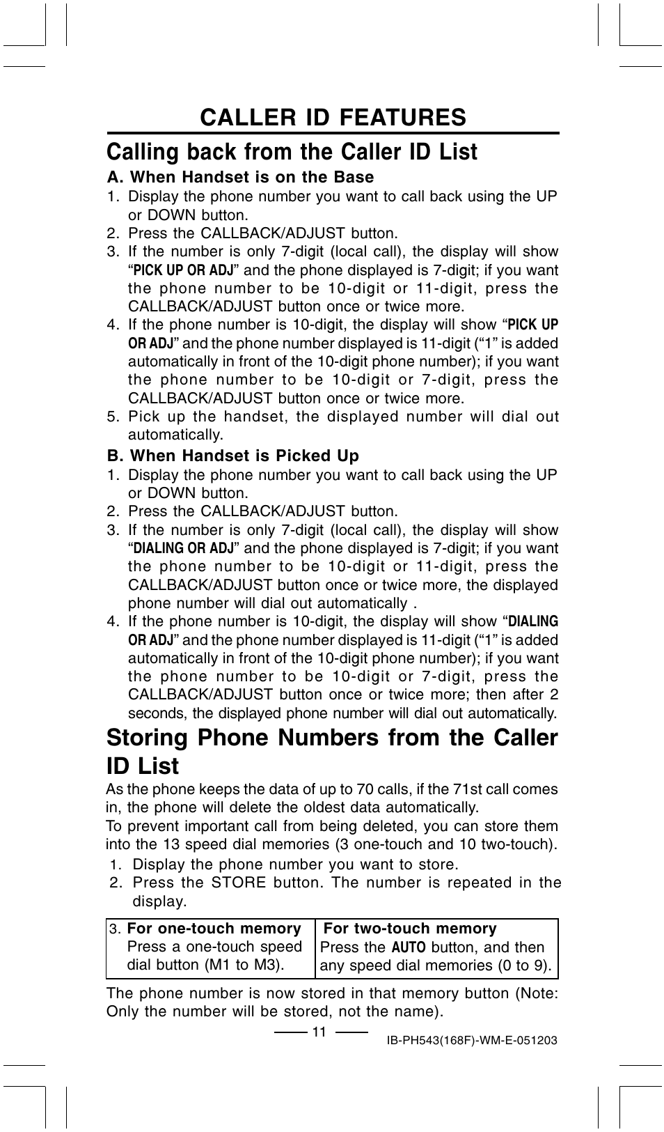 Storing phone numbers from the caller id list | Lenoxx Electronics PH-543 User Manual | Page 13 / 18