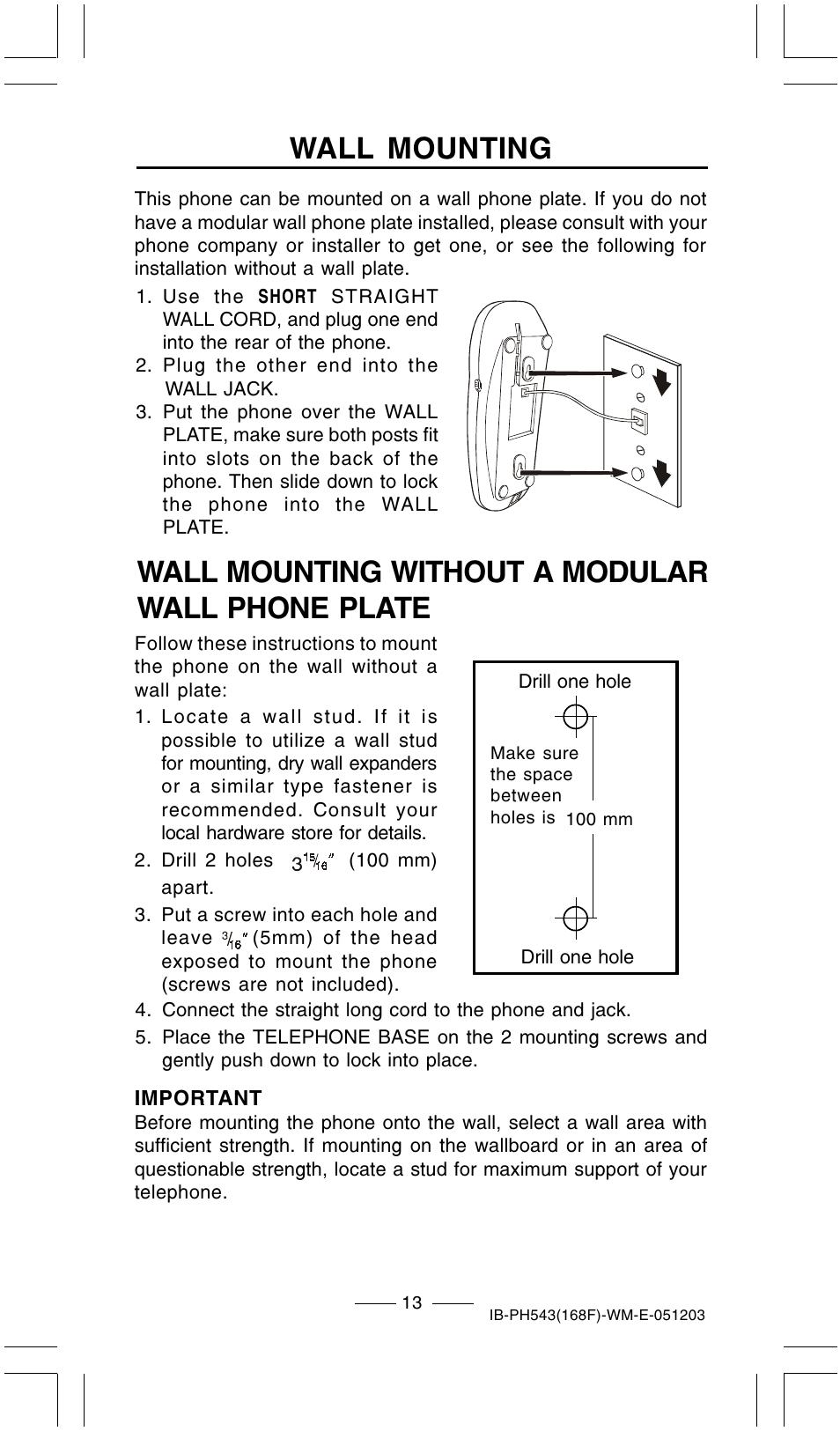 Wall mounting, Wall mounting without a modular wall phone plate | Lenoxx Electronics PH-543 User Manual | Page 15 / 18