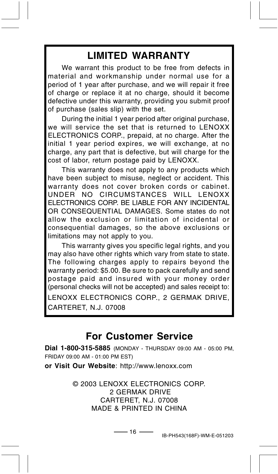 Limited warranty, For customer service | Lenoxx Electronics PH-543 User Manual | Page 18 / 18