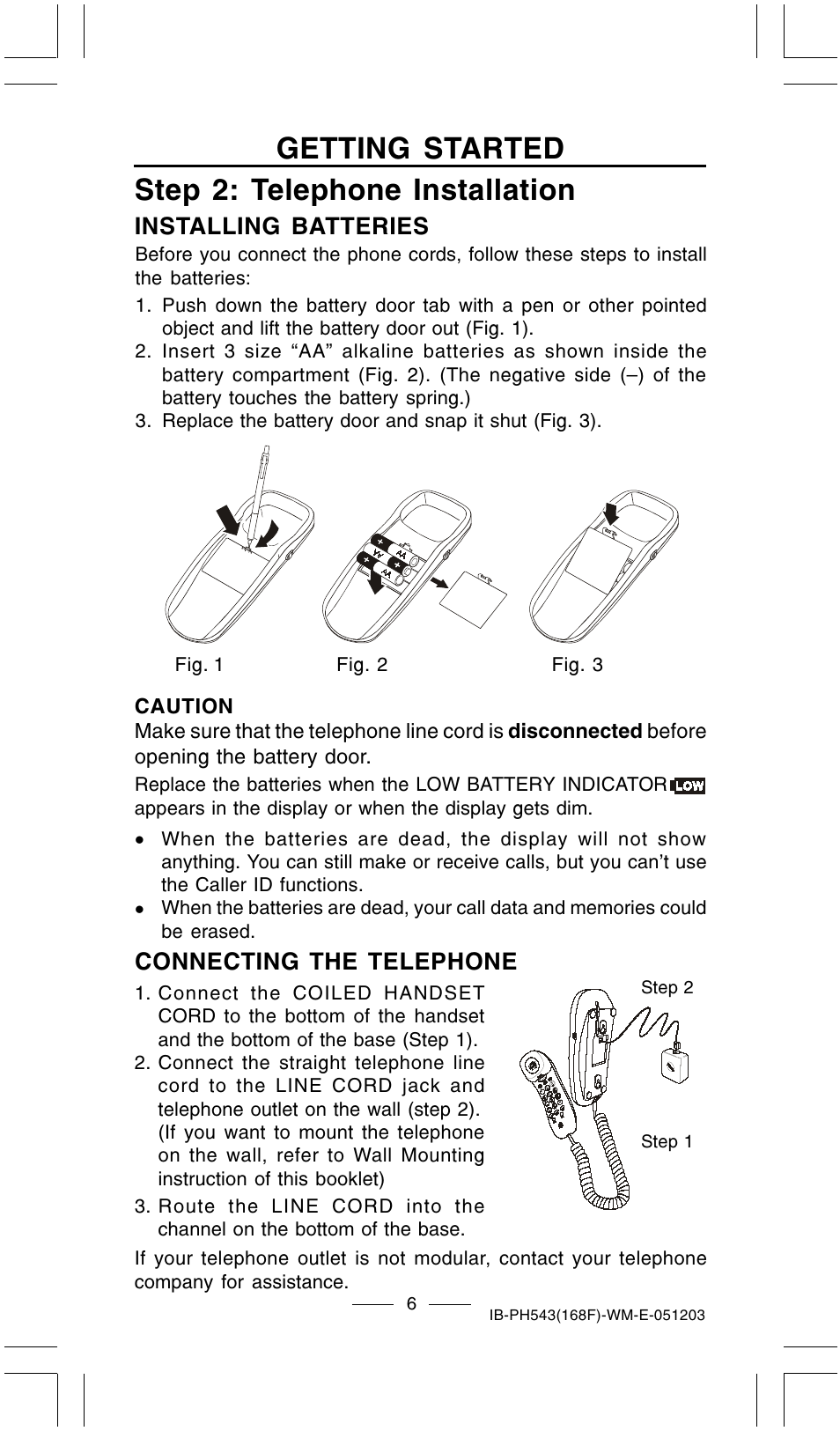 Getting started step 2: telephone installation, Installing batteries connecting the telephone | Lenoxx Electronics PH-543 User Manual | Page 8 / 18