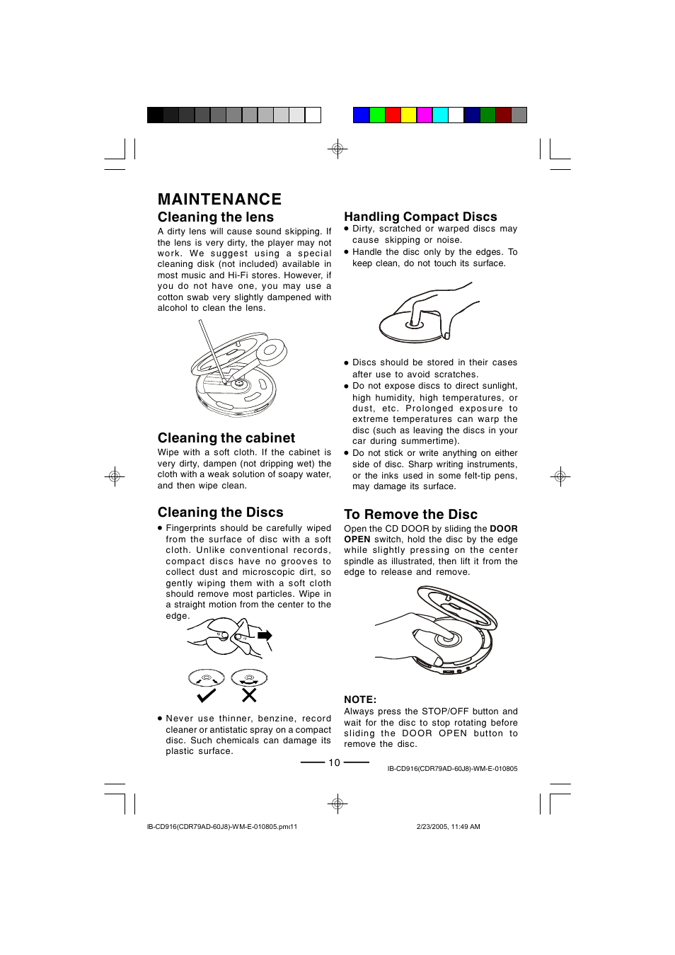 Maintenance, Cleaning the cabinet, Cleaning the lens | Cleaning the discs | Lenoxx Electronics CD-916 User Manual | Page 11 / 15