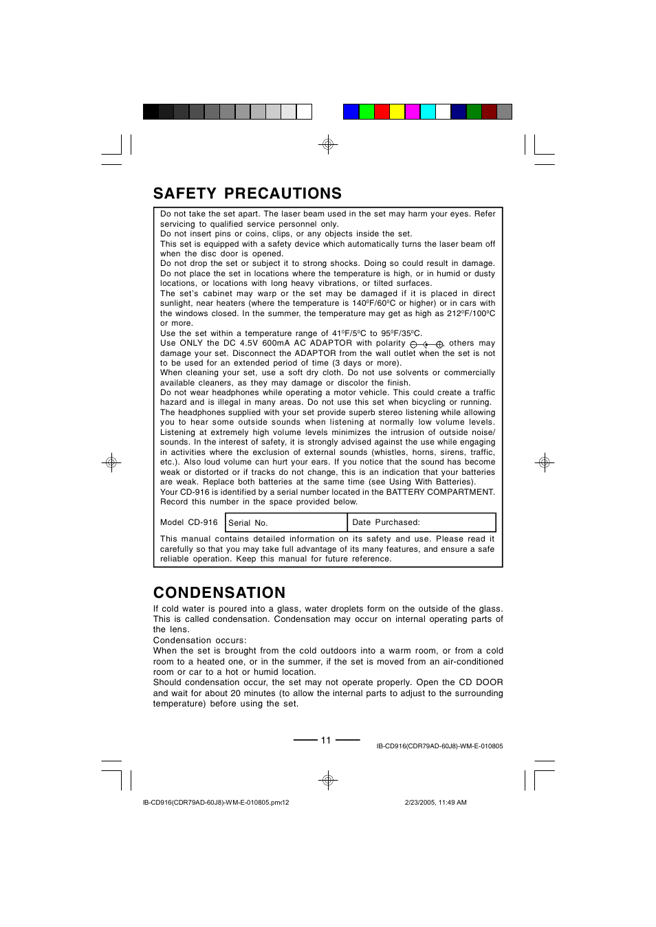 Condensation, Safety precautions | Lenoxx Electronics CD-916 User Manual | Page 12 / 15