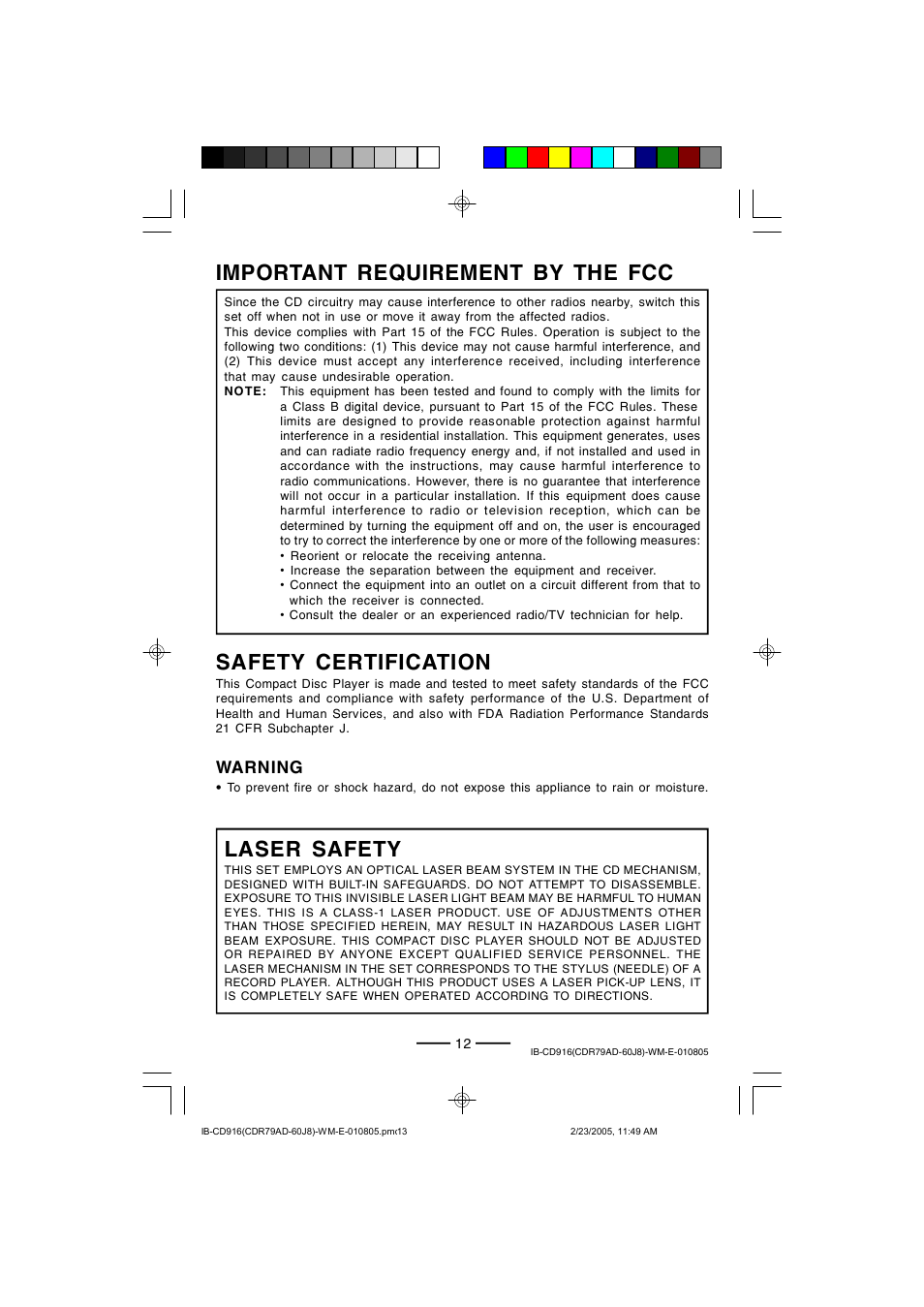 Safety certification, Laser safety, Important requirement by the fcc | Warning | Lenoxx Electronics CD-916 User Manual | Page 13 / 15