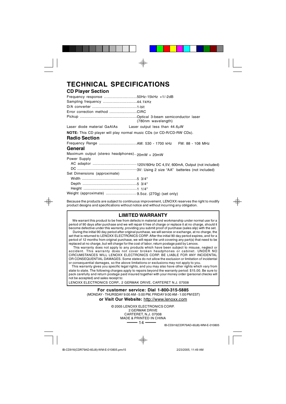 Technical specifications, Limited warranty, General | Lenoxx Electronics CD-916 User Manual | Page 15 / 15