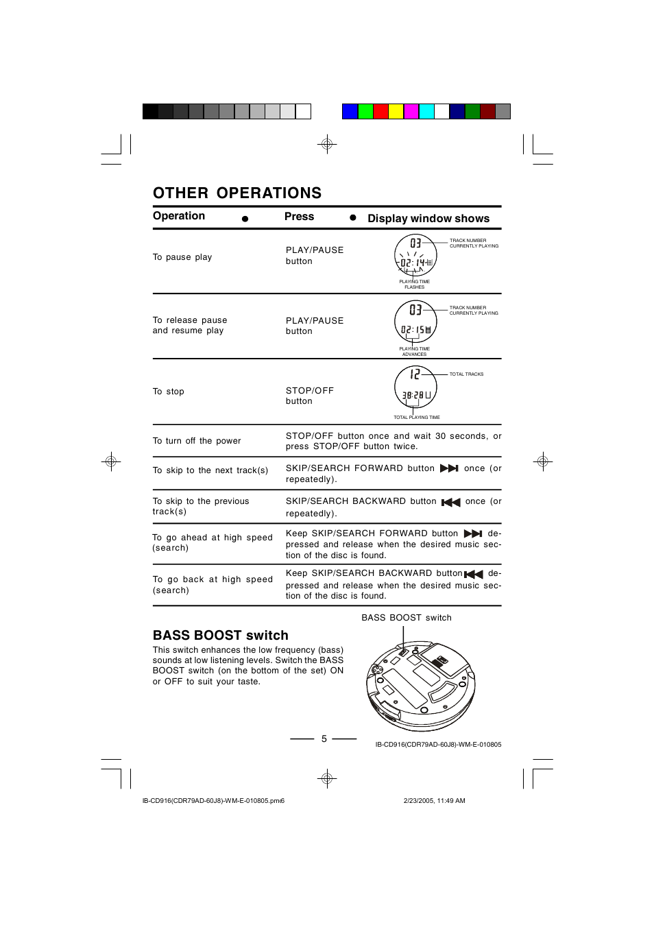 Other operations, Bass boost switch, Operation press display window shows | Lenoxx Electronics CD-916 User Manual | Page 6 / 15