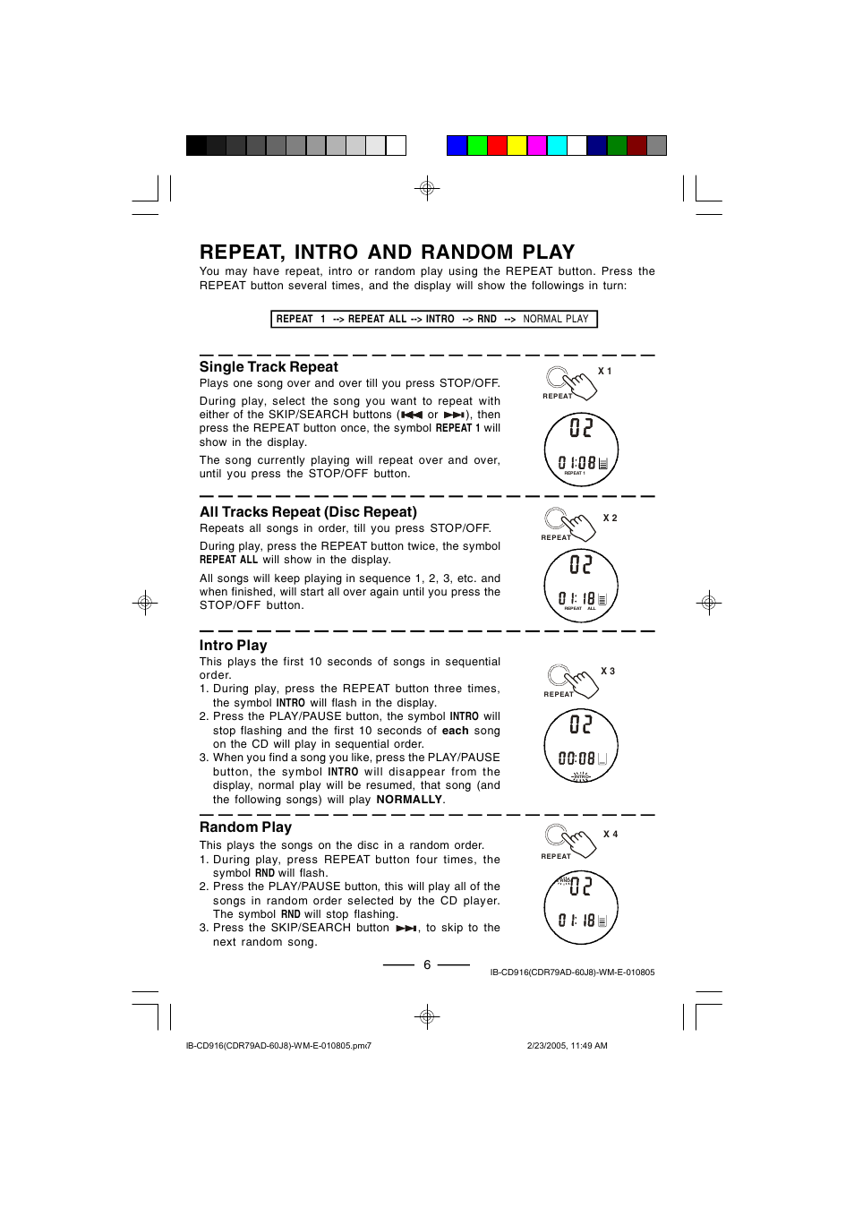 Repeat, intro and random play, Single track repeat, All tracks repeat (disc repeat) | Intro play, Random play | Lenoxx Electronics CD-916 User Manual | Page 7 / 15