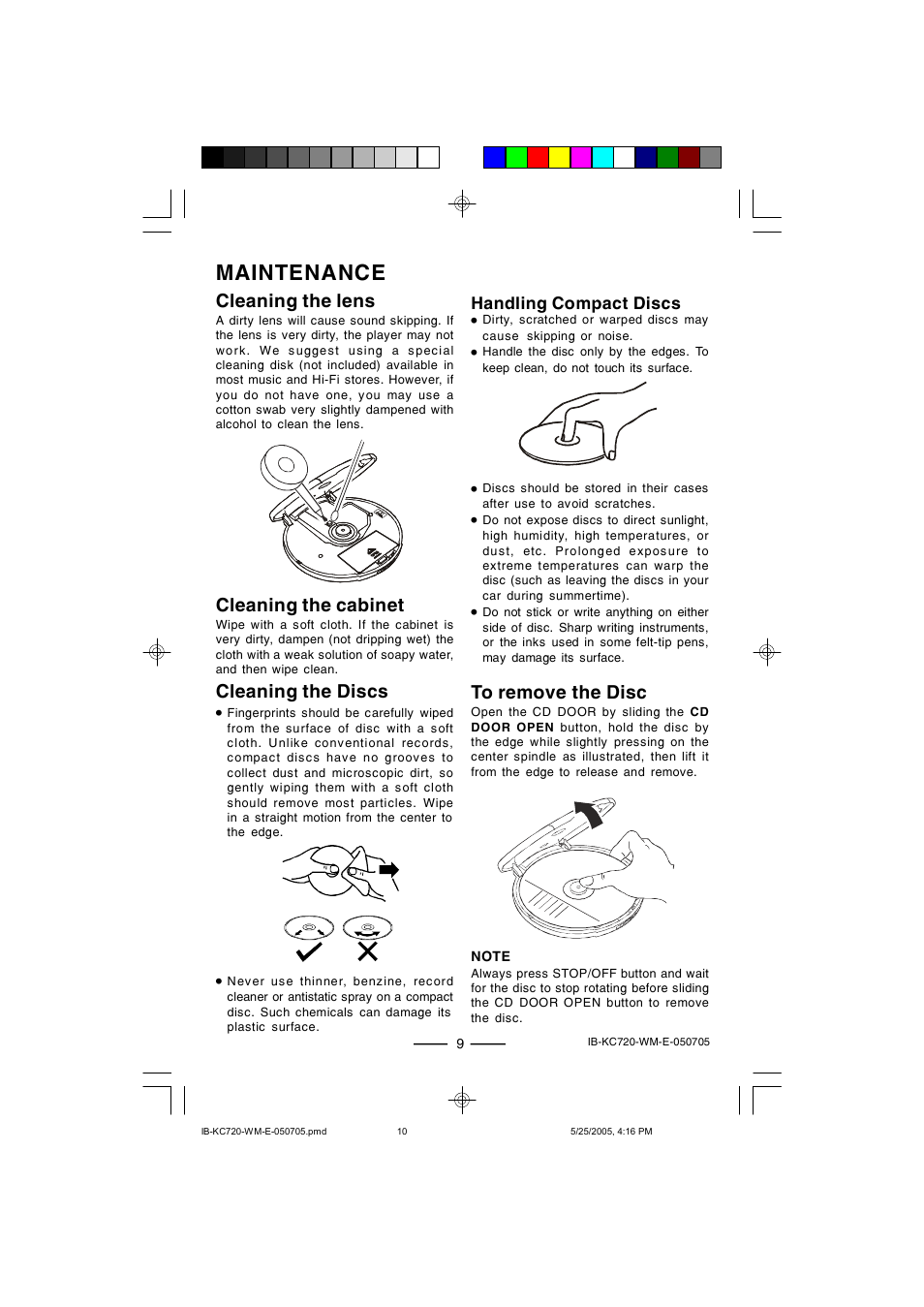 Maintenance, Cleaning the cabinet, Cleaning the lens | Cleaning the discs | Lenoxx Electronics KC-720 User Manual | Page 10 / 14