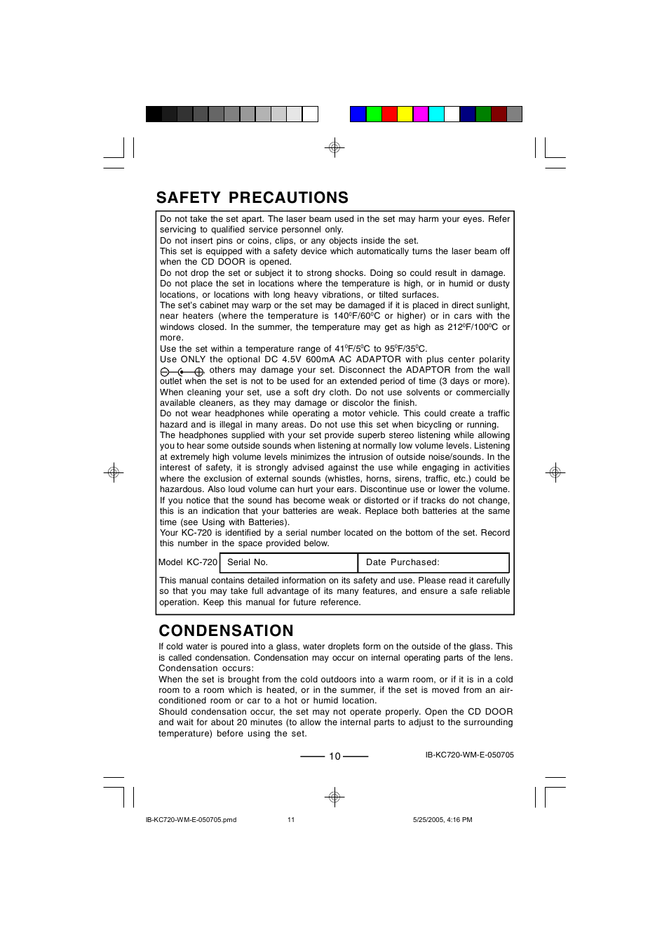 Safety precautions, Condensation | Lenoxx Electronics KC-720 User Manual | Page 11 / 14