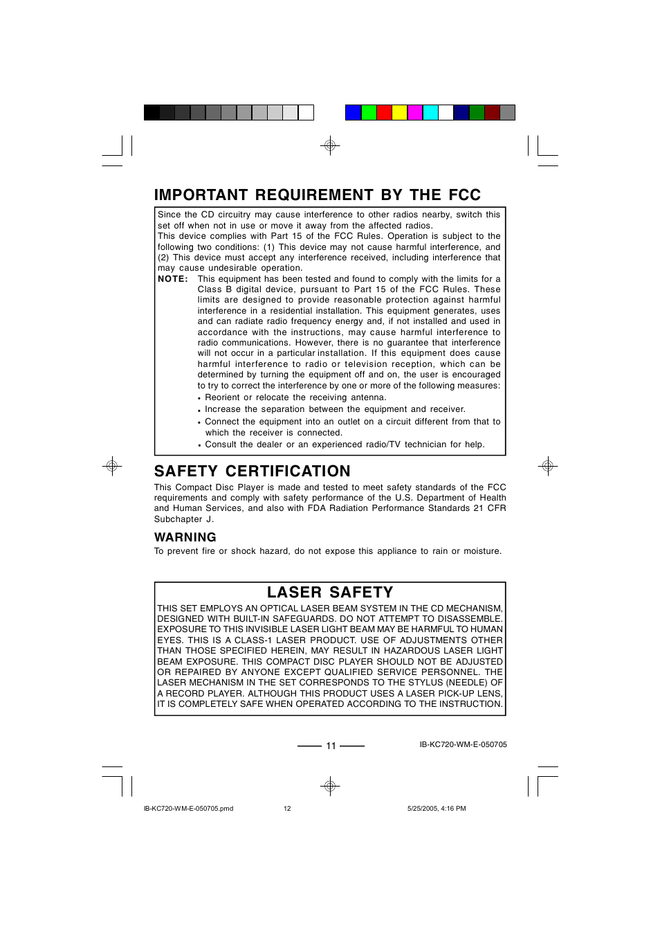 Important requirement by the fcc, Laser safety, Safety certification | Lenoxx Electronics KC-720 User Manual | Page 12 / 14