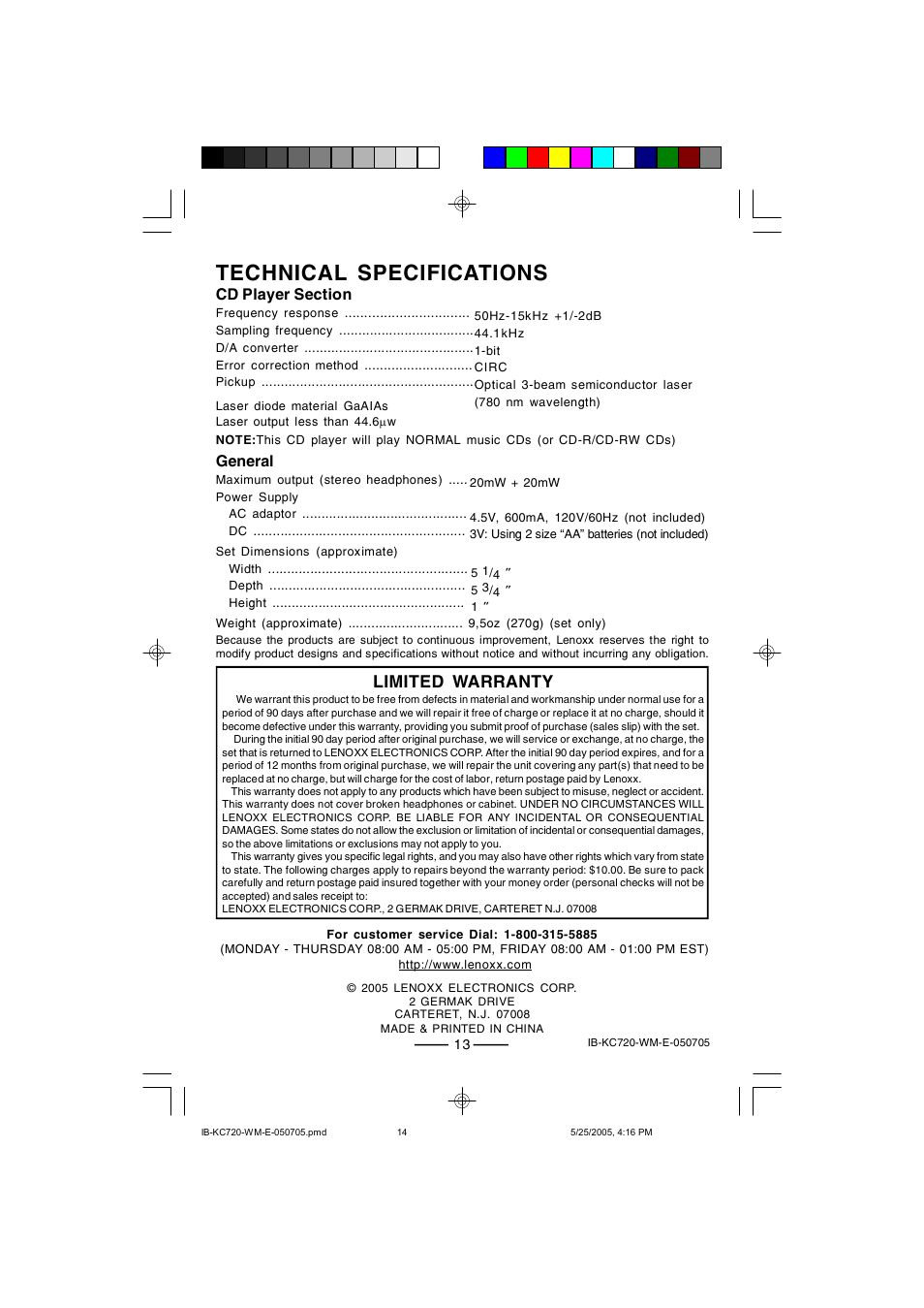 Technical specifications, Limited warranty | Lenoxx Electronics KC-720 User Manual | Page 14 / 14