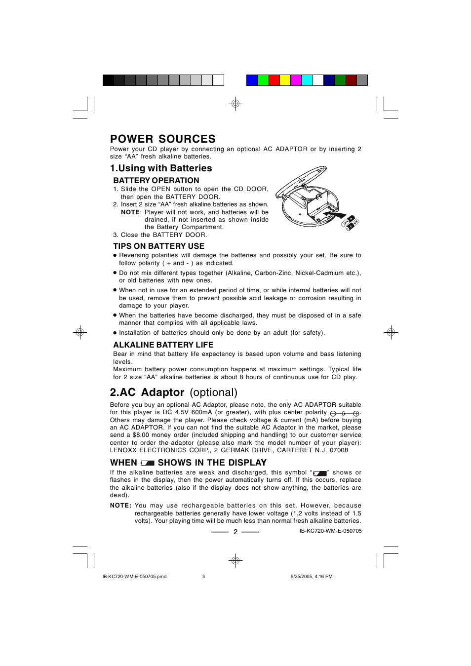 Power sources, Ac adaptor (optional), Using with batteries | Lenoxx Electronics KC-720 User Manual | Page 3 / 14