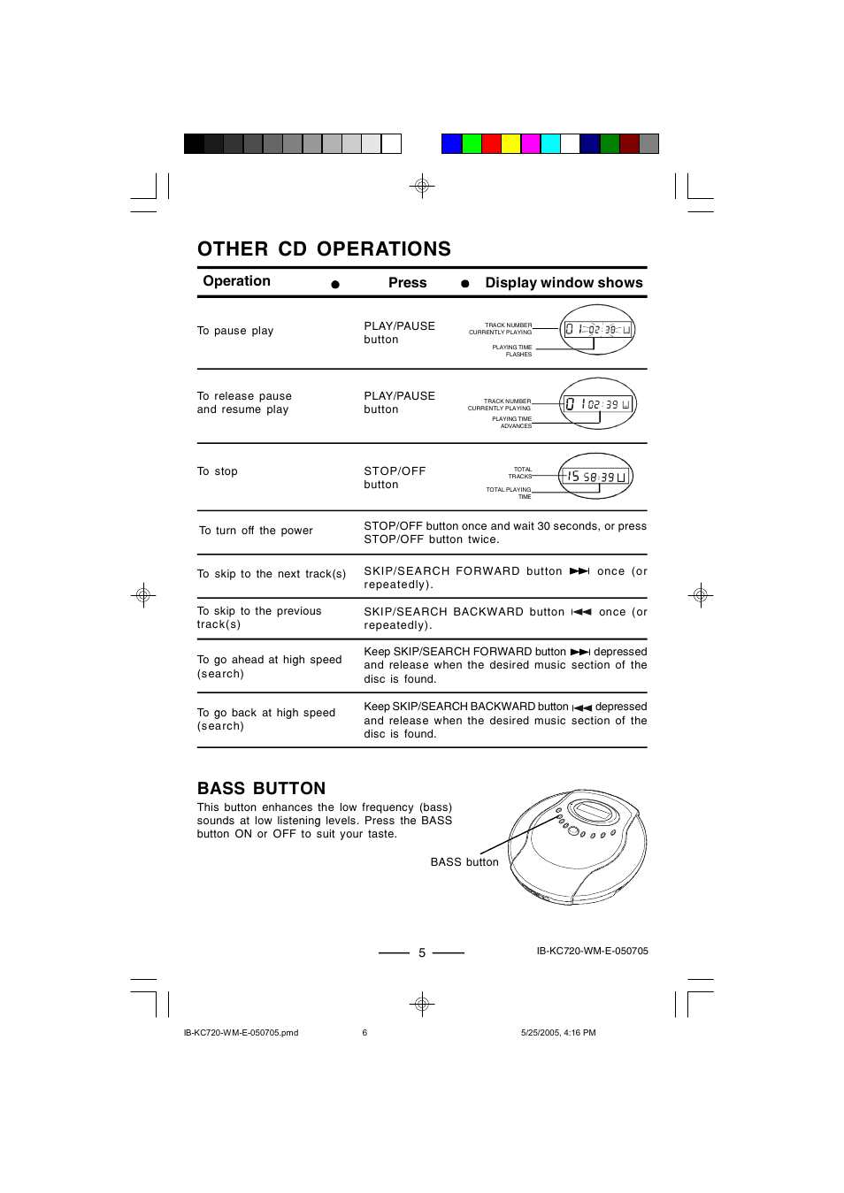 Other cd operations, Bass button, Operation press display window shows | Lenoxx Electronics KC-720 User Manual | Page 6 / 14