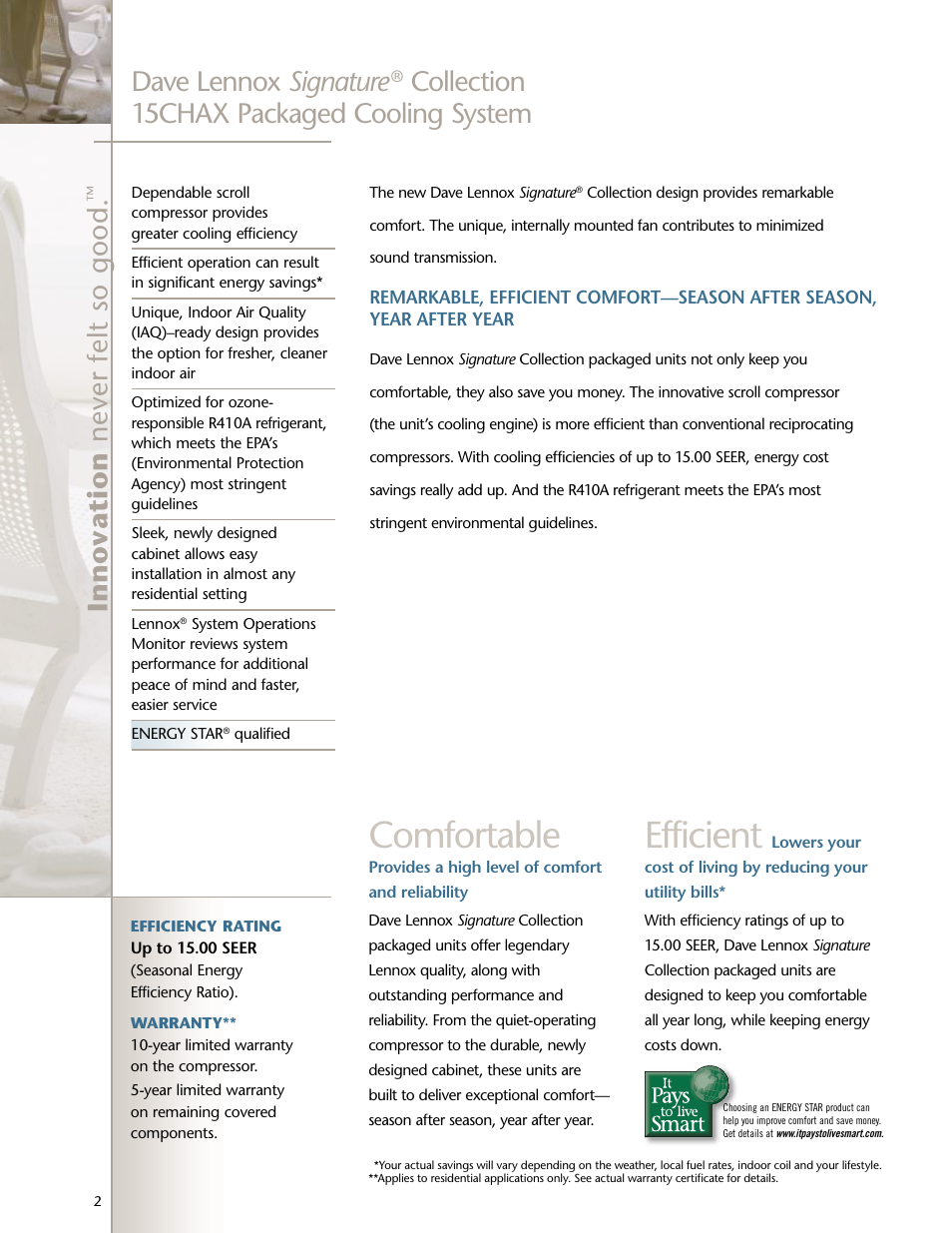 Comfortable, Efficient, Dave lennox signature | Collection 15chax packaged cooling system | Lenoxx Electronics Residential Packaged Cooling System 15CHAX User Manual | Page 2 / 4