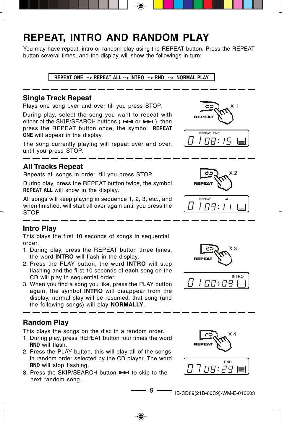 Repeat, intro and random play, Single track repeat, All tracks repeat | Intro play, Random play | Lenoxx Electronics CD-89 User Manual | Page 10 / 17